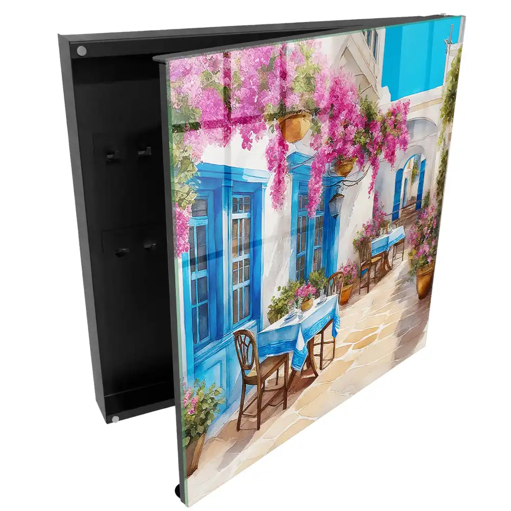 Szafka na klucze śródziemnomorski zakątek z kwiatami i niebem
